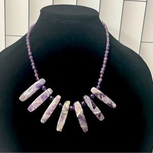 Raw Amethyst Statement Bib Necklace with Lobster Claw closure.